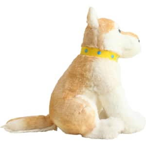 A plush toy resembling a dingo, featuring a cream and light brown colour with a yellow collar.