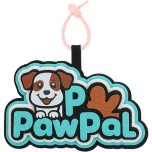 A custom felt hanging tag in black, turquoise, and brown featuring a dog graphic and the text "PawPal."