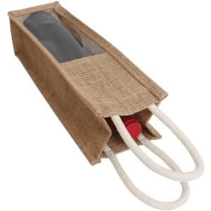 A jute wine carrier in natural brown with a clear window and two white handles, holding a drink bottle inside.
