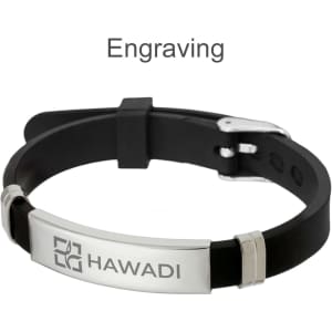 A black metal silica bracelet featuring a silver engraved section and a logo.
