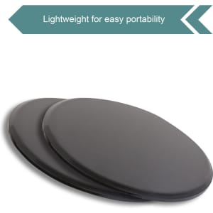 Two black yoga sliding disks are shown side by side, designed for easy portability. Each disk features a smooth surface.