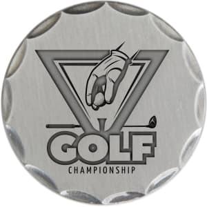 A silver golf ball marker featuring a engraved hand placing a golf ball, with a triangular design and a logo.