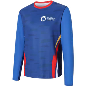 A long-sleeved t-shirt in blue with red and yellow accents, featuring a logo on the front.