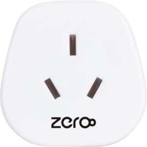 A white universal travel adapter with three prongs and a logo at the bottom.