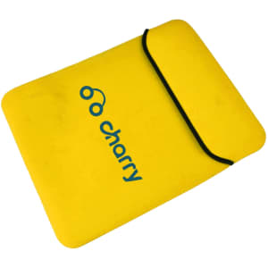 A yellow laptop bag with a black strap and logo on the front.