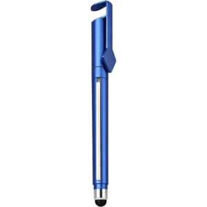 A blue 4 in 1 QR Code banner pen featuring a clip and a stylus tip. It has a sleek design and a logo on the surface.