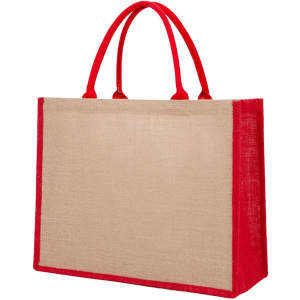 A jute tote bag with a natural hessian body and red handles and trim. The bag features a logo.