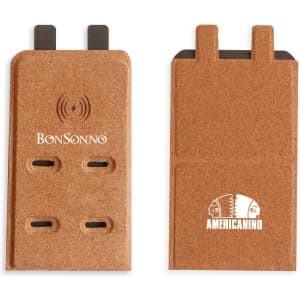 A cork wireless charger in a light brown colour, featuring a logo on one side and a smooth design.