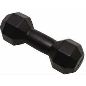 A black dumbbell-shaped stress reliever with a hexagonal design, featuring a smooth central grip.