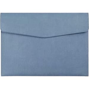 A blue PU leather A4 file bag with a flap closure and no visible branding.