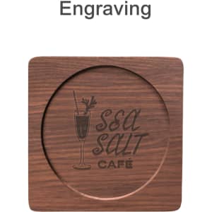 A square wooden coaster with a circular centre, featuring a dark wood finish and an engraved design.