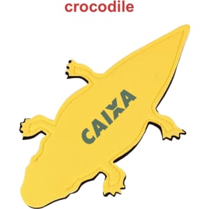 A yellow crocodile-shaped promotional product with a logo on its body.