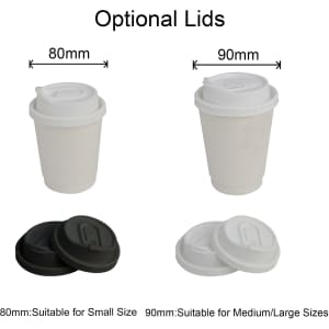 A set of white double wall paper cups with optional black and white lids, featuring varying sizes for drinks.