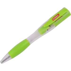 A green ballpoint pen with a transparent barrel, featuring a branding logo on the clip.