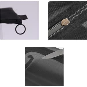 A black nylon mesh flat cosmetic bag featuring a zip closure and a metal ring detail.