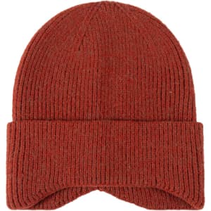 A red earflap beanie with a ribbed texture, featuring a fold-up cuff and an attached logo.