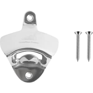 A drink bottle opener in shiny silver with two screws for mounting. Features a logo on the surface.