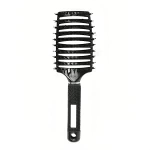 A black detangler bristle hairbrush with a rubber grip handle and spaced bristles for easy untangling.