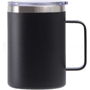A stainless steel cup with a black matte finish, handle, and clear lid, available in multiple sizes.