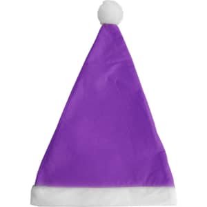 A purple Santa hat with a white brim and pom-pom at the top, featuring a branding logo.
