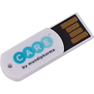 A white flash drive resembling a paper clip, featuring a gold connector and a branding logo.