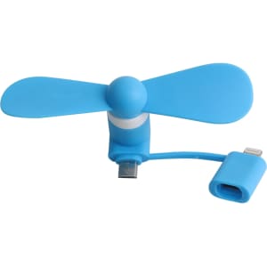 A blue 2 in 1 smart phone fan with a flexible connector, suitable for charging ports and equipped with a logo.