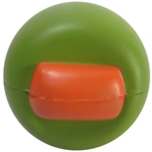 A green olive-shaped stress reliever featuring an orange accent, with a smooth texture and rounded design.