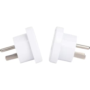 A white universal travel adapter designed for use from AU to US, featuring two pins for connectivity.