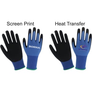 Frosted touchscreen insulating gloves in blue and black, featuring different printing methods on each pair.