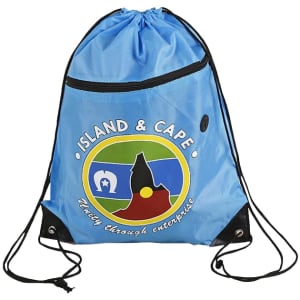 A blue polyester drawstring bag featuring a zippered pocket and a logo on the front.