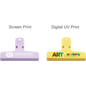 A purple and a yellow plastic clip with printed logos, featuring screen print and digital UV print designs.