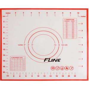 A silicone pastry mat featuring red measurements and circles, with a logo in the centre and a white background.
