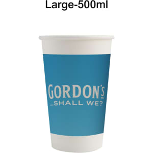 A large, 500ml white paper cup with a blue exterior and a logo, designed for home composting.