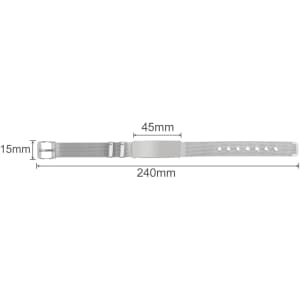 A metal bracelet in silver, featuring adjustable sizing with a clasp and multiple holes for fit adjustments.