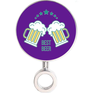 A round beer tap badge featuring two beer mugs with foam, set against a purple background. It includes a logo.