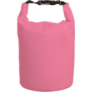 A pink waterproof dry bag with a strap at the top and a logo displayed.