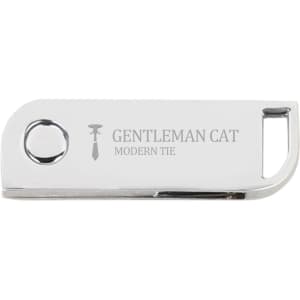 A metallic swivel flash drive with a sleek design, featuring a logo on one side.