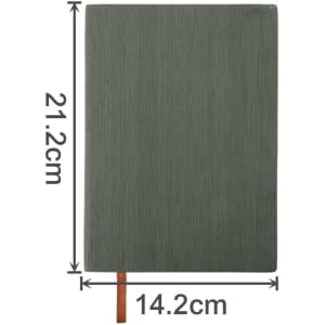 A green PU leather notebook with a textured surface and a brown bookmark, sized 21.2cm by 14.2cm.