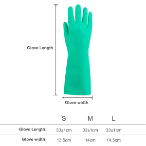 A pair of green reusable nitrile cleaning gloves displayed with measurements for sizing.