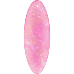 An oval, iridescent hair clip in shades of pink, featuring a glossy finish and a smooth texture.