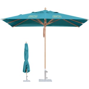 A teal 2x2m wind-resistant outdoor umbrella with a wooden frame and a base, displayed upright and folded.