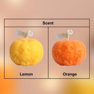 Two pumpkin-shaped candles in yellow and orange, labelled with scents: lemon and orange. Each features a smiling jack-o'-lantern face.