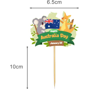 A decorative toothpick featuring a koala and kangaroo with an Australian flag and "Happy Australia Day" text.