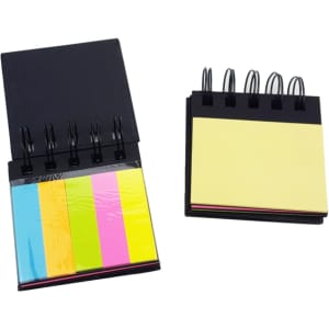 A black, four-layer sticky notepad featuring blue, pink, yellow, and green notes. It includes a ring binding and a cover.