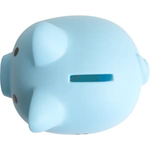 A light blue PVC piggy bank featuring a slot for coins and small decorative details.