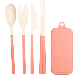 A travel utensils set featuring a spoon, fork, knife, and chopsticks with coral handles, and a matching storage case.