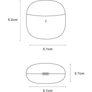 A pair of semi in-ear wireless earbuds in a compact charging case, white colour, with dimensions displayed.