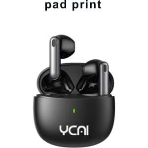 Black semi in-ear wireless earbuds resting in a matching case, featuring a logo and a charging indicator light.