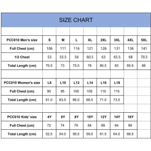 A size chart displaying measurements for men's, women's, and kids' polo shirts.