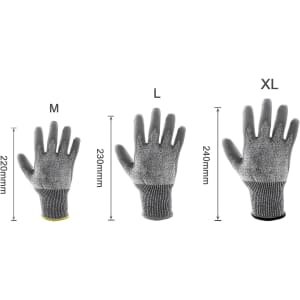 Cut resistant PU gloves in grey, displayed in three sizes: M, L, and XL, with varying cuff colours.